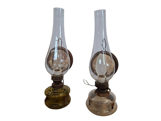 Image 1 of Pair of Vintage DITMAR Lamps – Antique Electrified Oil Lamps with Reflective Mirror