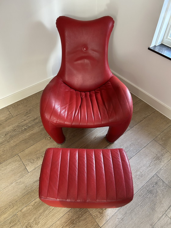 Image 1 of Leolux Balou Armchair Red Leather + Hocker