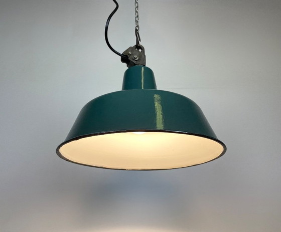 Image 1 of Industrial Petrol Enamel Factory Lamp with Cast Iron Top, 1960s