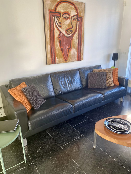 Leolux Antonia 3,5 places, cuir noir, excellent état