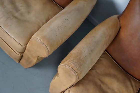 Image 1 of Coppia di poltrone da club francesi in pelle color cognac con schienali a baffo, anni '40