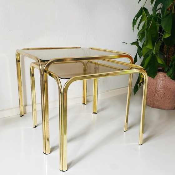 Image 1 of Vintage brass side tables set smoked glass Hollywood Regency