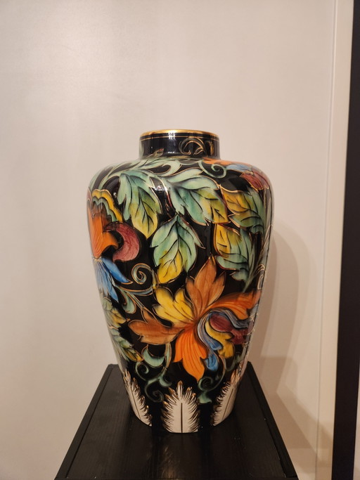 Large Vintage Art Deco Style Vase - Hubert Bequet - Black with Hand-Painted