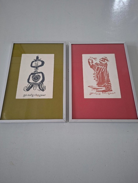 Image 1 of 2 litografie Cartoline di Capodanno opera grafica Jan van Heel anni '50