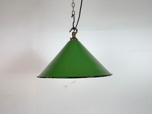 Industrial British Green Enamel Factory Pendant Lamp, 1950s