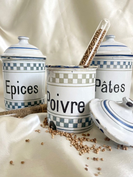 Retro kitchen decoration set: vintage enamel boxes - pepper, spices, pasta - 1930s-1940s