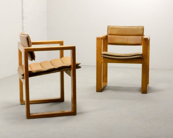 Image 1 of Mid-Century Pair of Dutch Design Camel Leather Cubic Pinewood Side Chairs by Ate van Apeldoorn for Houtwerk Hattem. 1960s.