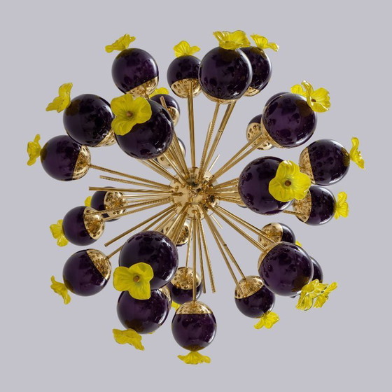 Image 1 of Italian Murano Glass and Brass Sputnik Chandelier, Yellow and Purple Spheres