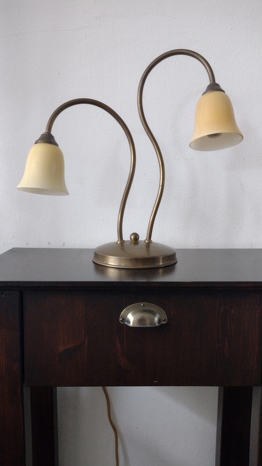 Lampe de table vintage artisanale - Jozé ten Have v.o.f. - avec bras double et calices en verre