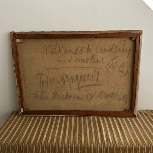 Schilderij Piet van Wijngaerdt, Molens met landschap, Afmeting 72x103 cm.