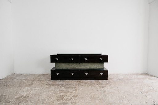 Commode en placage de bois et verre, design cubique moderne des années 1980