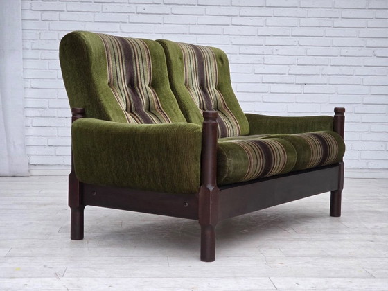 Image 1 of 1970s, Scandinavian 2-seater sofa, green furniture velour, beech wood.