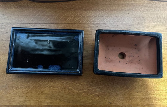 Image 1 of Rectangular pot + blue glazed saucer 18 cm x 11.5 cm for bonsai or succulent