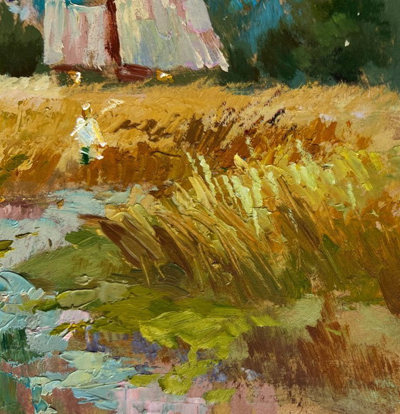 Image 1 of Original Oil Painting Evening Church Landscape Golden fields and sunset