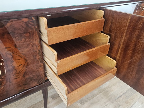 Image 1 of Mid-Century Mahogany Sideboard with Teal Glass and Compartments with Drawers, 1950