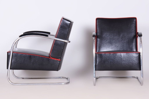 Paar gerestaureerde Bauhaus Fn21 fauteuils, van Mücke-Melder, leer, Tsjechisch, jaren dertig – Leather, Metal