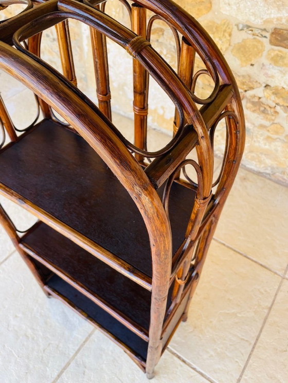 Image 1 of Vintage plank van bamboe en rotan met 2 verdiepingen en opbergruimte, jaren 1960