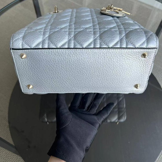 Image 1 of *FLAP OPEN* DIOR LADY MEDIUM - GRAINED CALFSKIN METALLIC SILVER GOLDEN HARDWARE