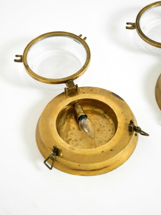 Image 1 of A pair of large, heavy 1950s original maritime ship wall lamps made of brass and glass