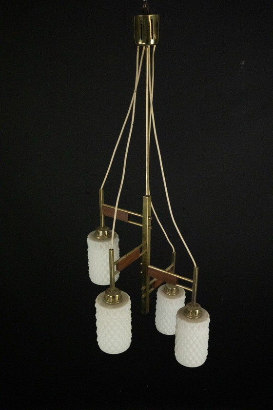 Image 1 of Lampadario moderno di metà secolo in ottone e vetro in stile Stilnovo, Italia 1950