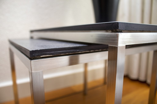 Set Of 3 Side Tables Of Stainless Steel And Stone