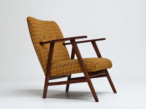 Anni '60, poltrona danese, tessuto di lana per mobili, legno di teak, legno di quercia.