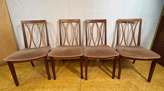 Image 1 of Mid century retro vintage teak and cloth dining chairs by GPlan 1970 elegant set of 4 dining chairs