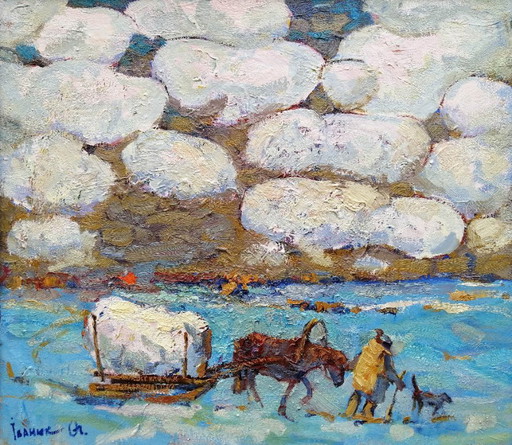 Pintura al Óleo Original Paisaje Invernal Vida Rural Carruaje Cubierto de Nieve