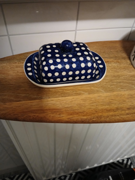 Image 1 of Butter dish Bunzlauer Keramik (also known as Polish Pottery), recognizable by the traditional blue and white dot pattern