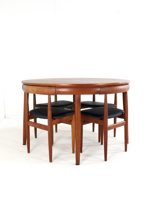 Hans Olsen for Frem Rølje dining table + chairs roundette vintage Danish