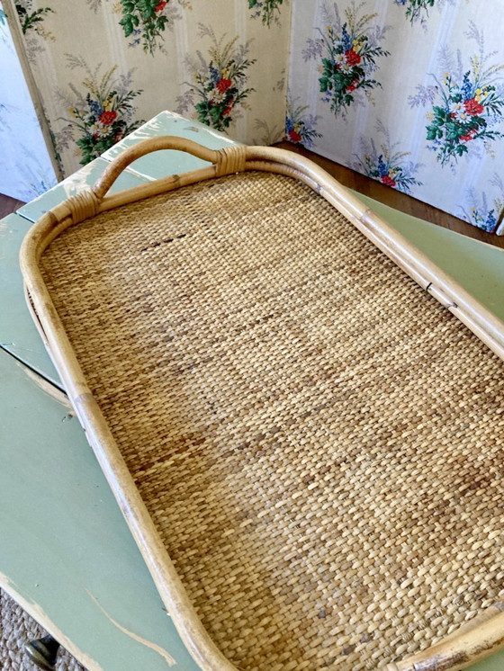 Image 1 of Vassoio da portata vintage in bambù e rattan
