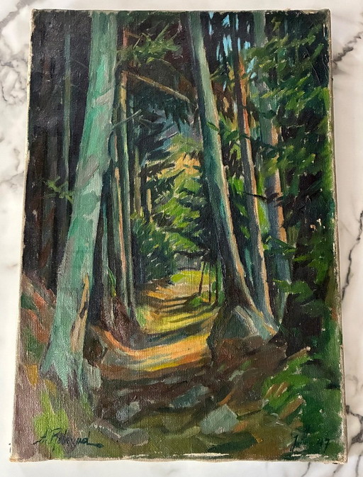 Very old oil painting on canvas, woodland