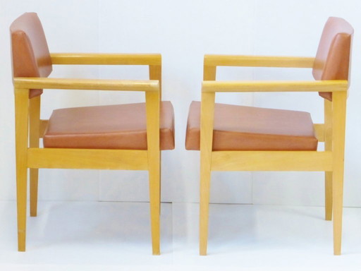 PAIRE DE FAUTEUILS 1950 SKAI MARRON HETRE VINTAGE 50's MID CENTURY MODERN CHAIRS