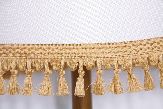 Image 1 of Table lamp wood textile light beige brown fringes 63cm 80s J Vintage