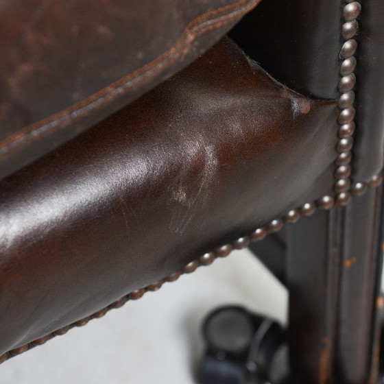 Image 1 of Late 20th Century English-Style Leather Sofa — Pearl Nail Trim & Loose Seat Cushions 