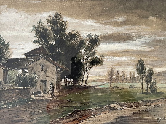 Octave Bellet – Scena Rurale con Cacciatore – Paesaggio, Inizio XX Secolo – Decorazioni murali, Glass (photo 5 of 12)