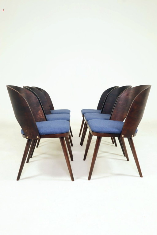 Vintage dining chairs set of 6 oak wood & blue wool