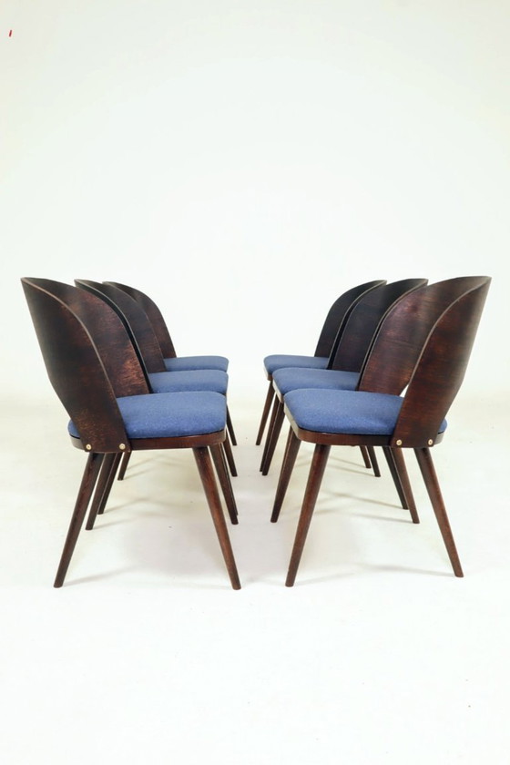 Image 1 of Vintage dining chairs set of 6 oak wood & blue wool