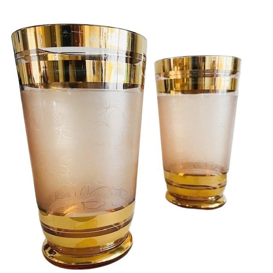 Image 1 of Coppia di vasi in vetro rosa placcati in oro De Rupel, Art Déco anni '30