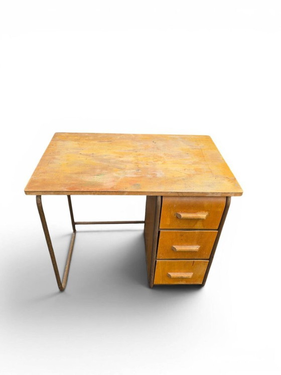 Vintage 1950s Wood and Metal Desk with 3 Drawers (photo 3 of 5)
