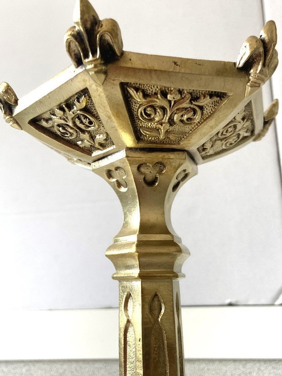 Image 1 of Pair of Antique Neo-Gothic Gilt Bronze Candlesticks