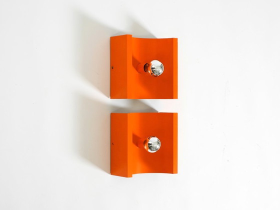 Image 1 of Pair of rare original 1960s Space Age metal wall lamps by Klaus Hempel for Kaiser Leuchten in orange