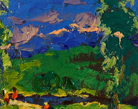 Image 1 of Original Oil Painting Evening Nature Landscape Summer vacation and field paths