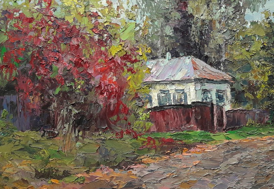 Original Ölgemälde Landschaft Landhaus Herbst im Dorf Guta – Gemälde & Zeichnungen, Canvas (photo 7 of 8)