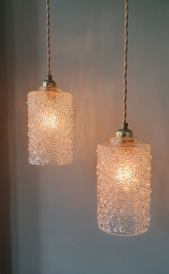 Set of 2 Vintage Glass Pendant lamps - Bubble Glass Texture (photo 22 of 26)