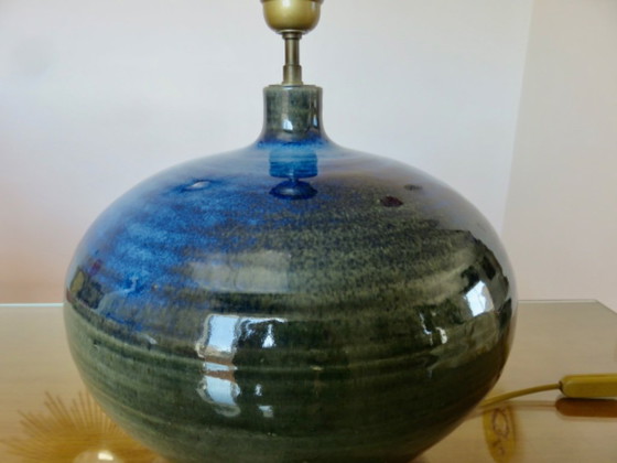 Image 1 of Impressive lamp in iridescent blue ceramic with green gradients, France, circa 1960