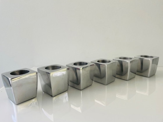 Image 1 of Ensemble de 6 porte-bougies chauffe-plat géométriques en acier inoxydable – motif cubiste