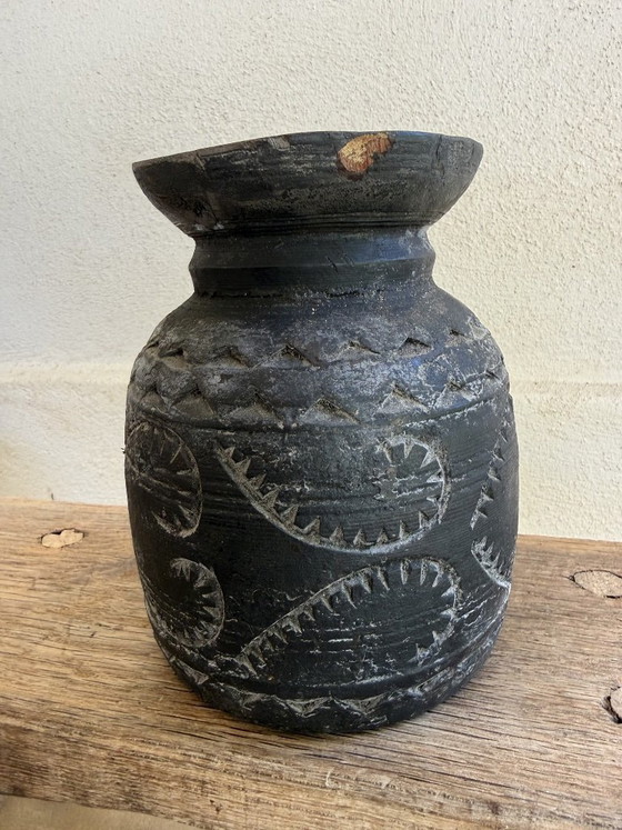 Image 1 of Set of 3 Nepalese Indian pots, carved black wood, tribal & wabi-sabi style