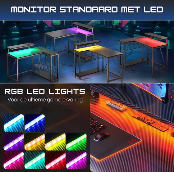 Image 1 of Five Stars® L-Shaped Game Desk - 107x80x76 cm - Game Desk with LED Lighting - Black Carbon - Corner Desk