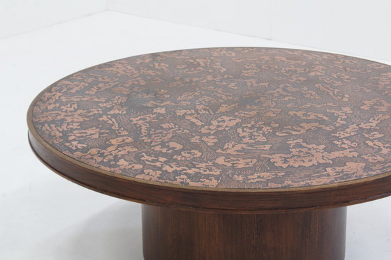 Image 1 of Vintage brutalist round coffee table in copper and wood from the 1970s